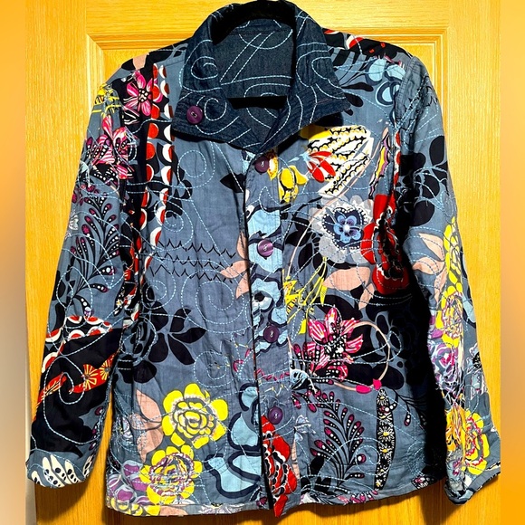 Casual Studio Floral Colorful Quilted Reversible Jacket 100% Cotton Womens Med - Picture 1 of 10